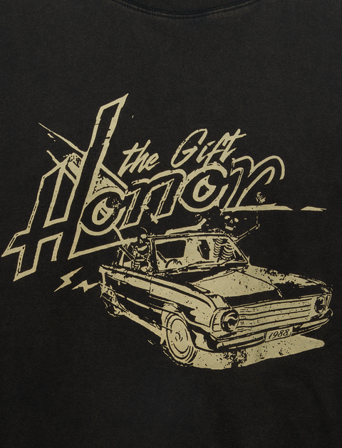 Black streetwear t-shirt graphic with 'the Gift Honor' text and vintage car illustration