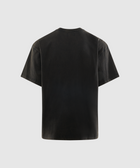 Back view of black short sleeve streetwear t-shirt on plain background