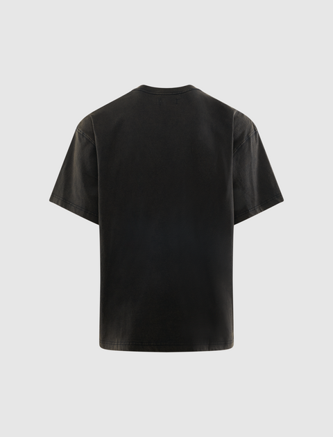 Back view of black short sleeve streetwear t-shirt on plain background