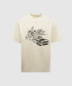 Bone-colored men's streetwear t-shirt with 'the Gift Honor' text and vintage car graphic