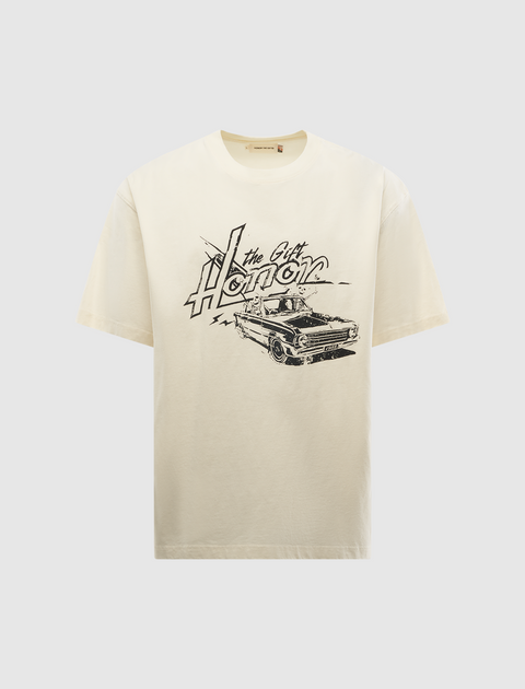 Bone-colored men's streetwear t-shirt with 'the Gift Honor' text and vintage car graphic
