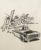 Graphic tee with 'the Gift Honor' text and vintage car illustration, streetwear style