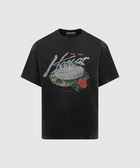 Black streetwear t-shirt with graphic print, text, rose, and cityscape design on front
