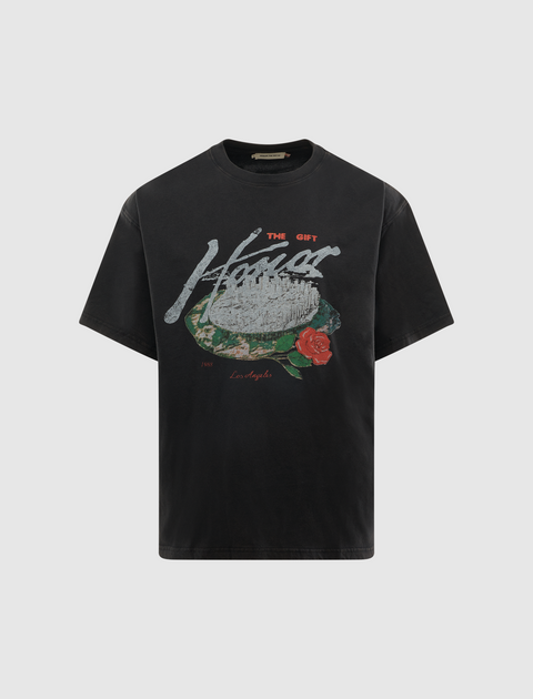 Black streetwear t-shirt with graphic print, text, rose, and cityscape design on front