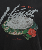 Black streetwear shirt with cityscape, 'The Gift,' 'Honor,' rose graphic, Los Angeles 1988 text.