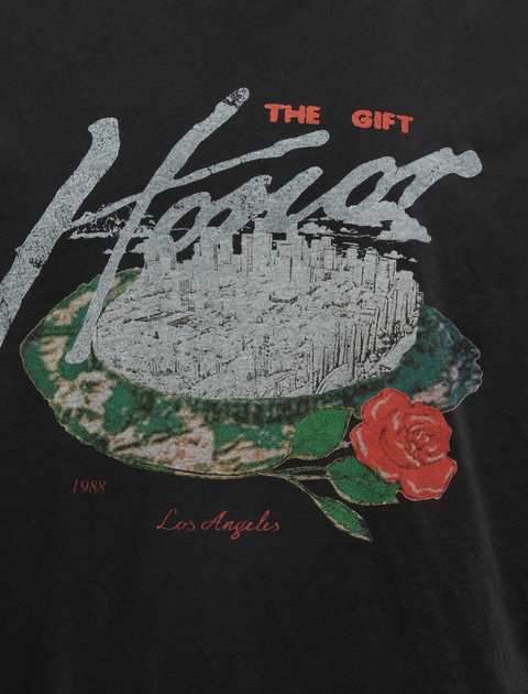 Black streetwear shirt with cityscape, 'The Gift,' 'Honor,' rose graphic, Los Angeles 1988 text.