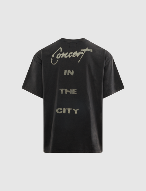 Black men's streetwear t-shirt with 'Concert in the City' text on the back.