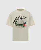 Cream graphic streetwear t-shirt with Honor text, cityscape, rose, and Los Angeles print