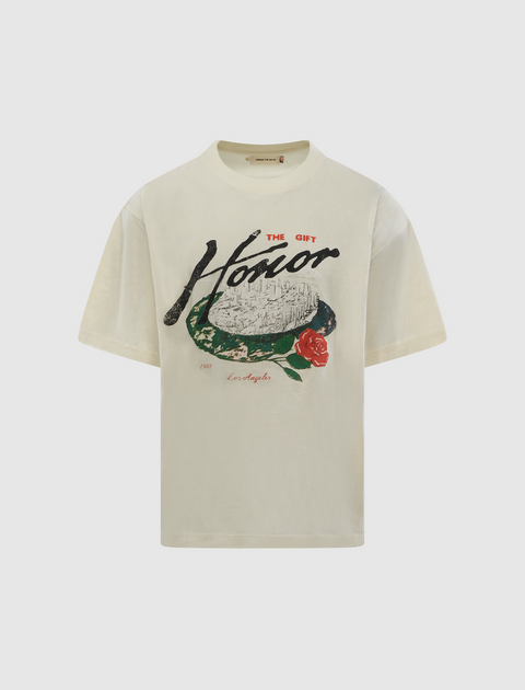 Cream graphic streetwear t-shirt with Honor text, cityscape, rose, and Los Angeles print