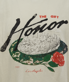 Cream graphic t-shirt featuring 'Honor' text, cityscape, red rose, Los Angeles and 1988 print
