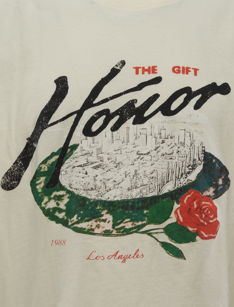 Cream graphic t-shirt featuring 'Honor' text, cityscape, red rose, Los Angeles and 1988 print