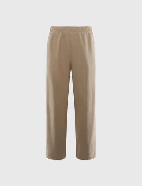 Men's tan straight-leg pants with elastic waistband, streetwear style, isolated on white