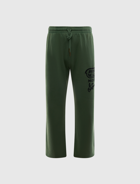 Green men's streetwear sweatpants with drawstring waist and graphic text on left leg