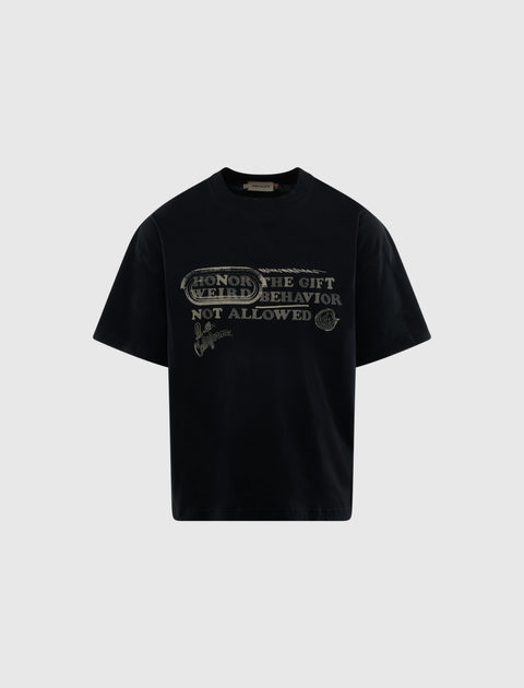 Black streetwear graphic t-shirt with bold text reading 'Honor the Gift, Weird Behavior Not Allowed'