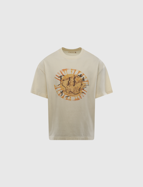 Beige streetwear t-shirt with abstract sun and handwritten graphic on chest