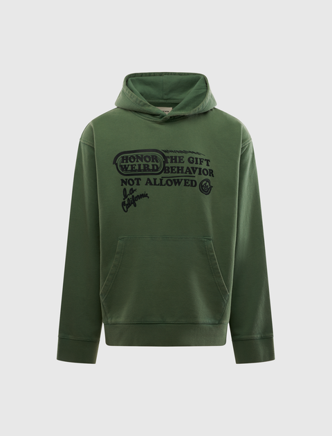 Green men's streetwear hoodie with bold black graphic text and front kangaroo pocket