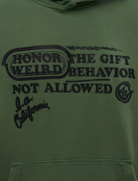 Green streetwear hoodie with black graphic text and pocket, featuring 'Honor Weird' and 'L.A. California' print.