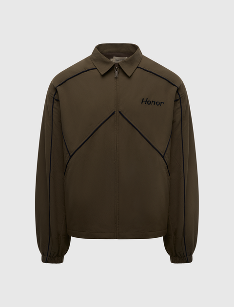 Men's brown zip-up jacket with black piping and 'Honor' embroidered on chest