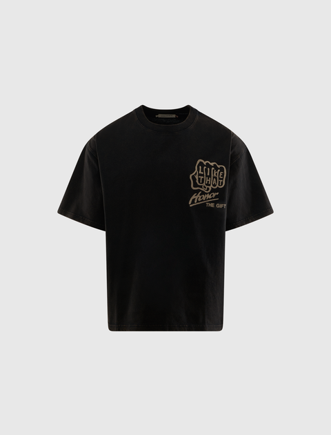 Black streetwear t-shirt with beige graphic text and chest logo, men's casual apparel