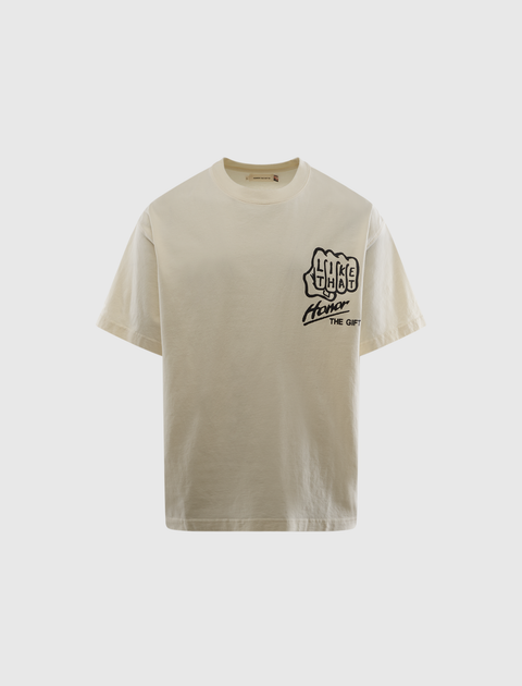 Off-white men's streetwear t-shirt with black graphic text and logo on front chest
