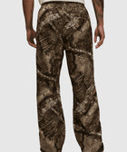 Back view of men's loose fit pants with brown camouflage pattern and elastic waistband.