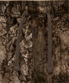 Close-up of men's brown camouflage drawstring pants with pocket and stitching details