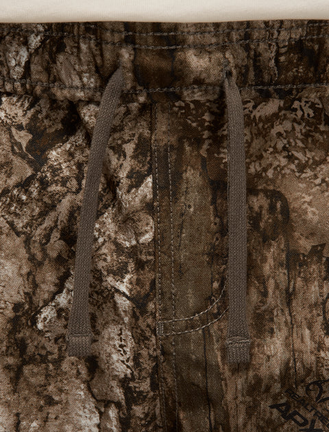 Close-up of men's brown camouflage drawstring pants with pocket and stitching details