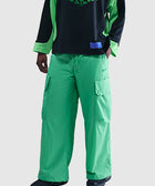 Men's bright green wide-leg cargo pants with large pockets, styled for streetwear fashion