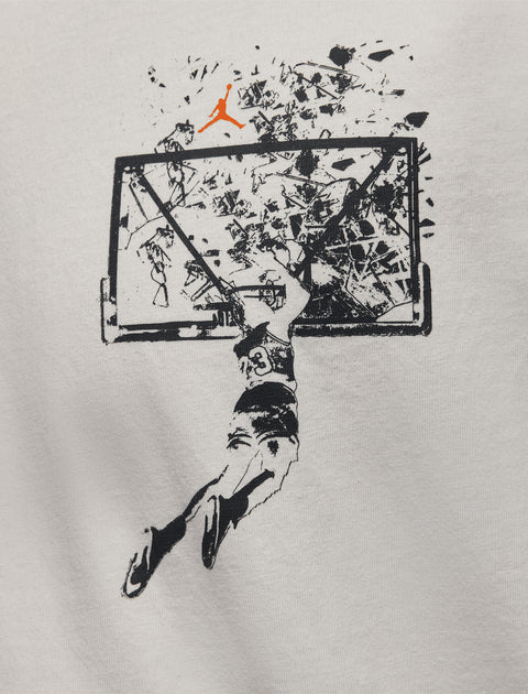 Graphic of basketball player dunking and shattering backboard on white streetwear t-shirt