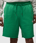 Green fleece men's streetwear shorts with drawstring waist and raw hem