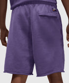 Purple men's fleece shorts with elastic waistband and back pocket, streetwear style.