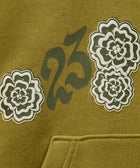 Olive green hoodie with white flower graphics and dark number print detail