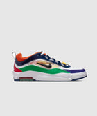 Colorful low-top sneaker with green, orange, red, purple, and navy details on white background