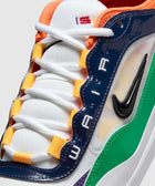 Close-up of colorful men's sneaker with white laces, neon accents, and embroidered lettering