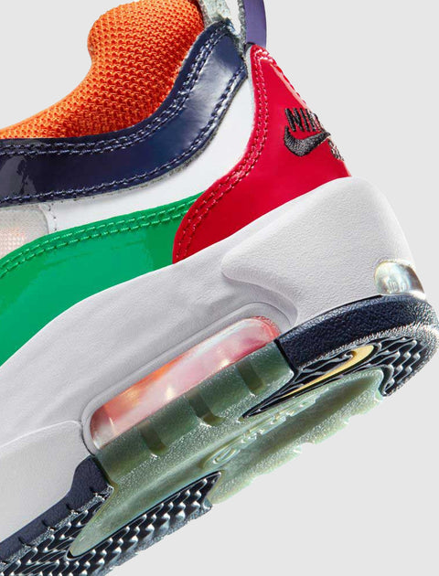 Close-up of multicolor Nike Air Max sneaker heel with visible air unit and textured sole.