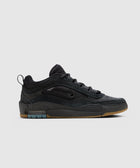 Black low-top sneaker with suede and mesh panels, gum sole, and side swoosh logo.