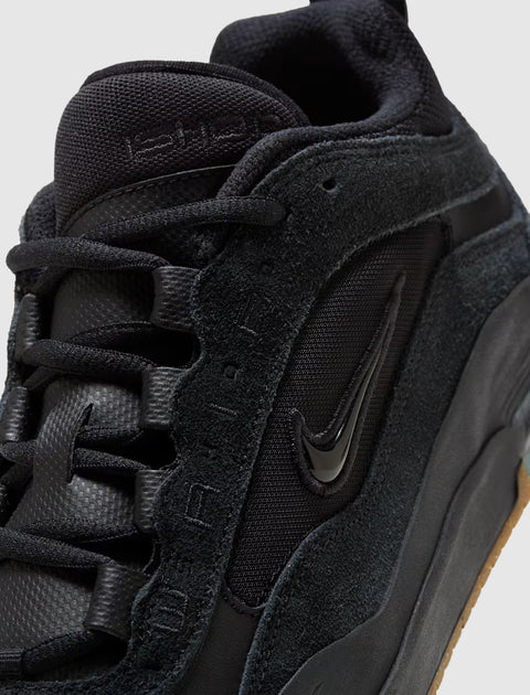 Black suede and mesh skate sneaker with gum sole and embroidered logo details