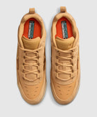 Tan low-top sneakers with ISHOD branding, suede and mesh upper, top view