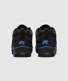 Back view of black Nike SB sneakers with teal logo and purple accents on white background