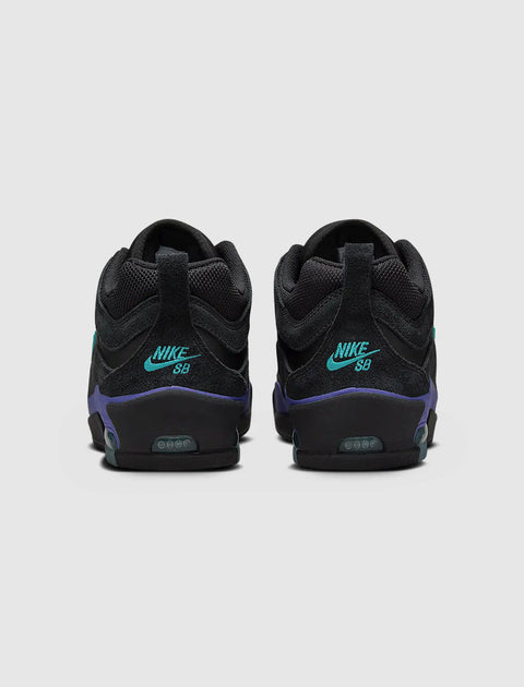 Back view of black Nike SB sneakers with teal logo and purple accents on white background