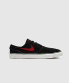 Black low-top sneaker with red Nike Swoosh and white sole on plain background