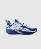 Blue and white men's streetwear sneaker with velcro strap and textured sole on white background