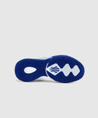 Blue and white sneaker outsole with textured grip pattern, isolated on light background.