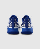 Rear view of blue and white men's streetwear sneakers with geometric heel design
