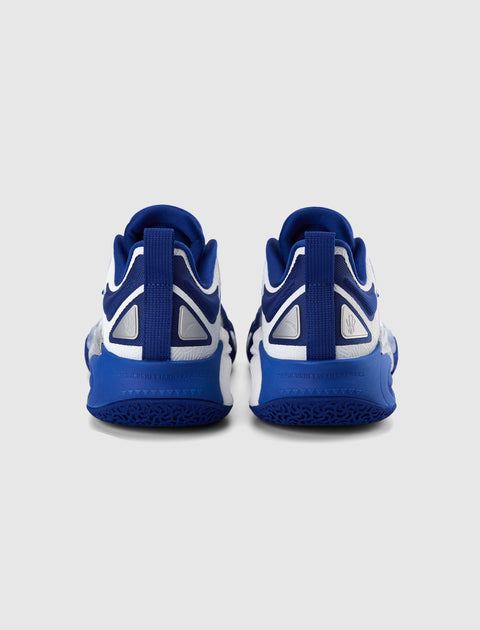 Rear view of blue and white men's streetwear sneakers with geometric heel design
