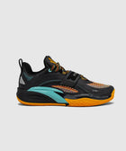 Black low-top sneaker with multicolor accents, orange sole, and patterned laces