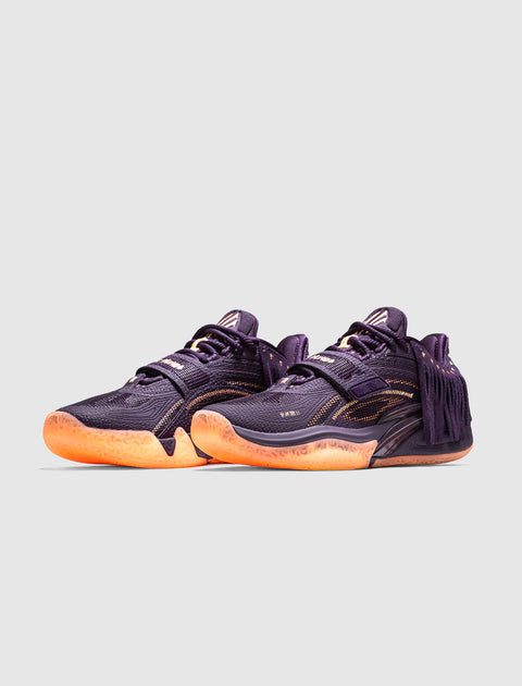 Purple mesh sneakers with orange soles and side detailing, men's streetwear footwear