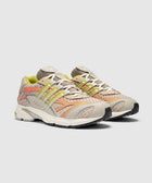 Beige and orange mesh sneakers with yellow accents, chunky sole, lifestyle footwear