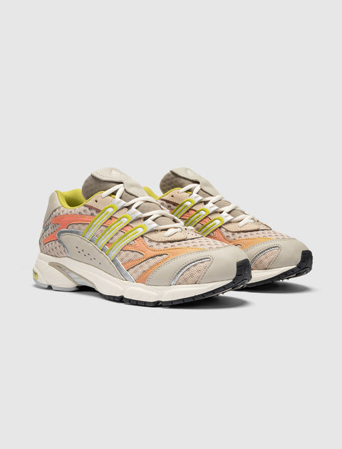 Beige and orange mesh sneakers with yellow accents, chunky sole, lifestyle footwear
