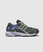 Gray mesh sneaker with green, purple, and blue accents, side profile, Adiprene sole